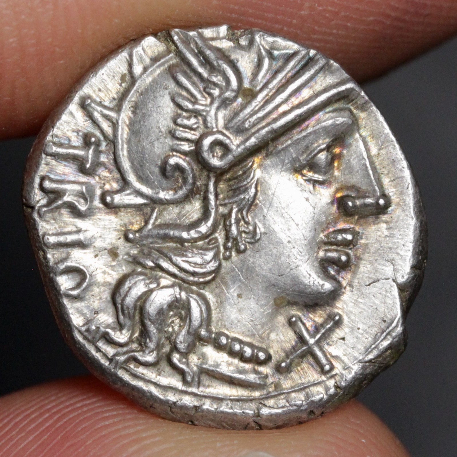 Roma Head Denarius XF 136BC Ancient Roman Republic Silver Coin Lucretius Trio