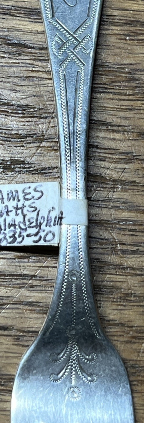 American Coin Silver Old Style 3 Tine Engraved Pickle Fork James Watts Phila