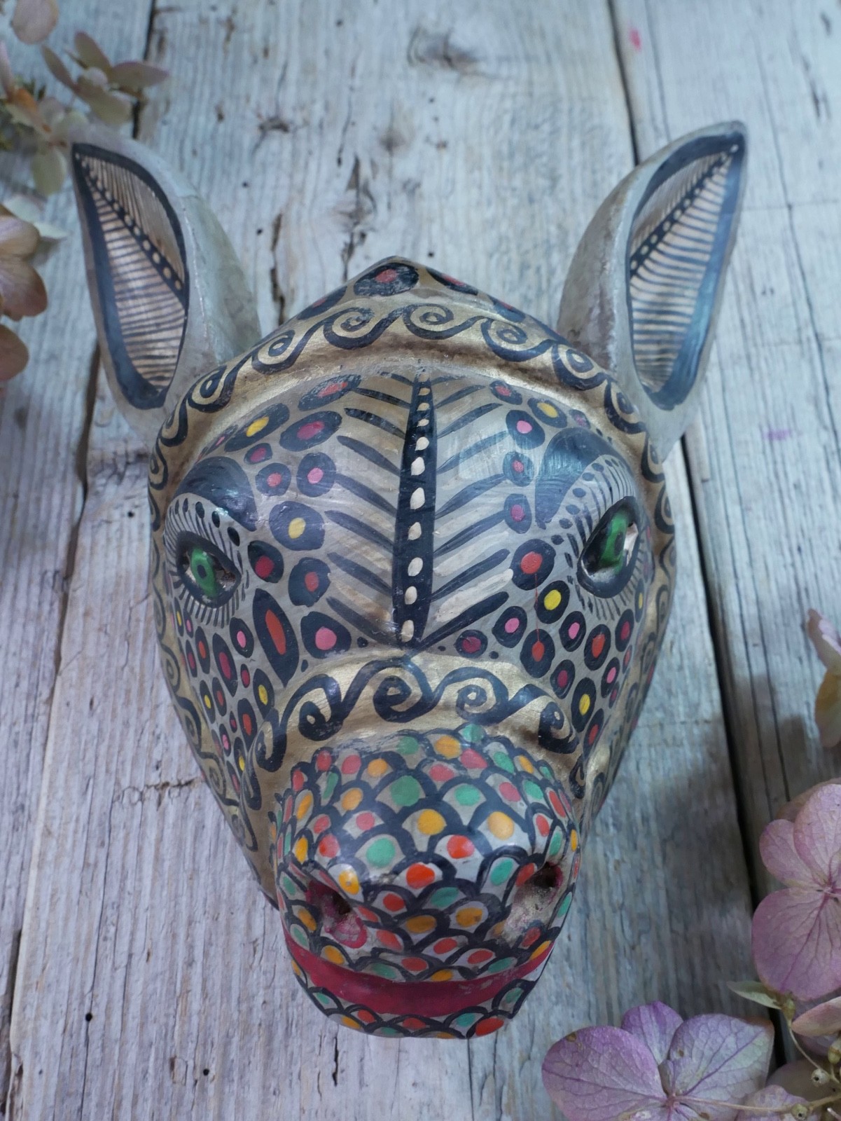 Donkey Mule Wood Mask Handmade Guerrero Mexican Folk Art Distressed to Look Old
