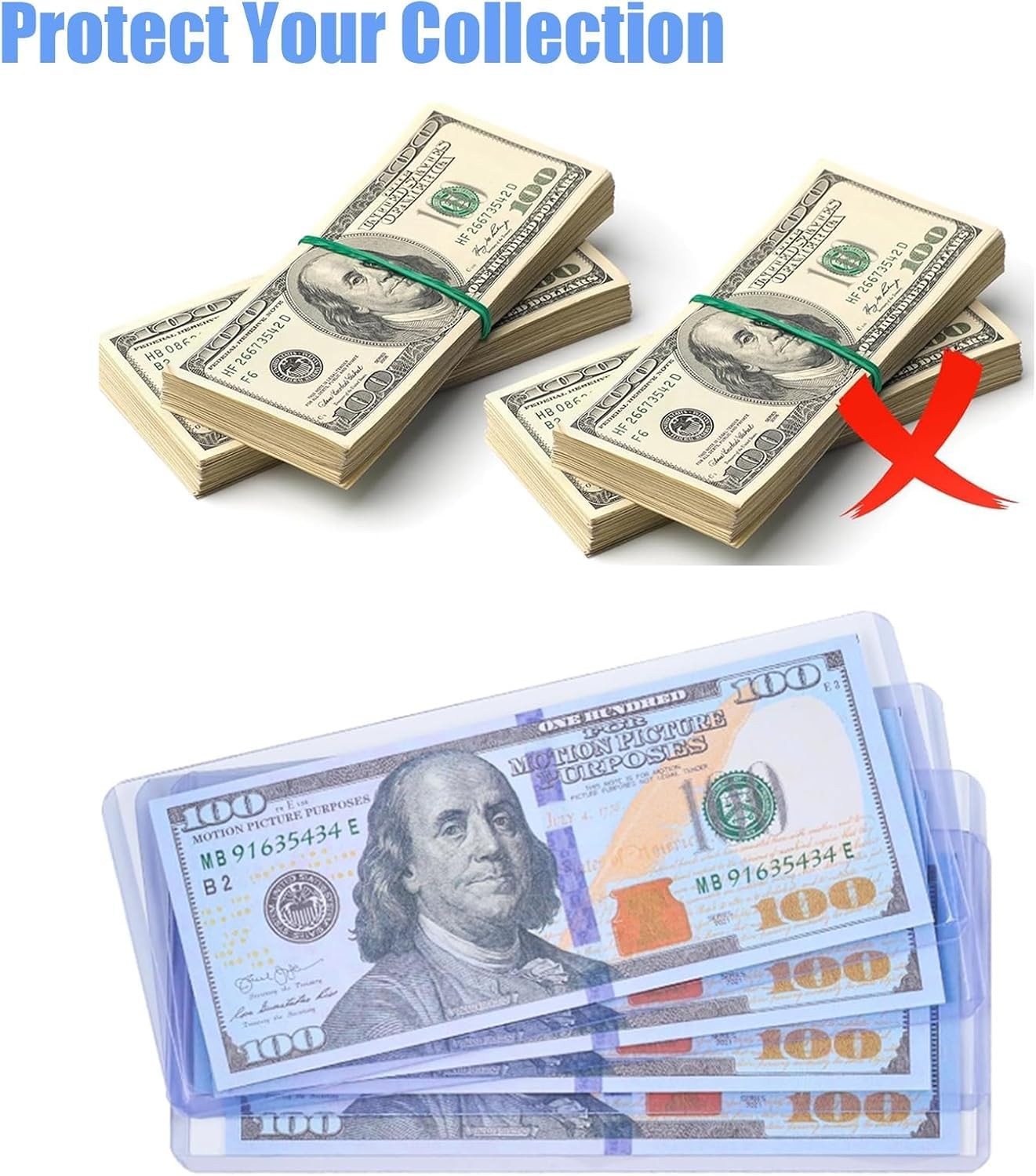 16 Pack Dollar Bill Sleeves, 6.8" x 2.9" Banknotes Top-Insert Holders, Hard...