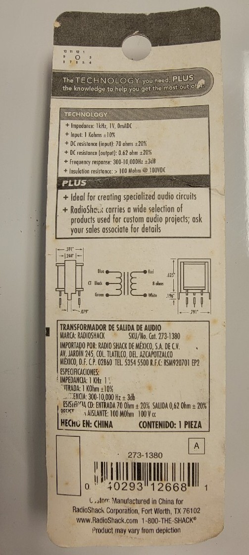 Radio Shack Miniature Audio Output Transformer 273-1380