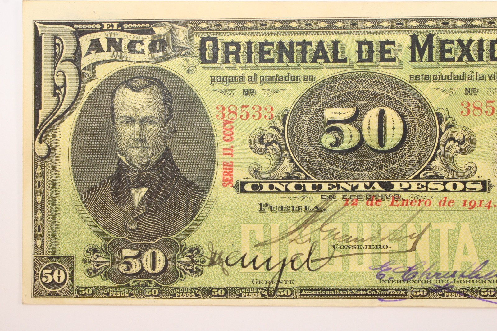 1914 Banco Oriental de Mexico Puebla 50 Pesos Note XF - #0488
