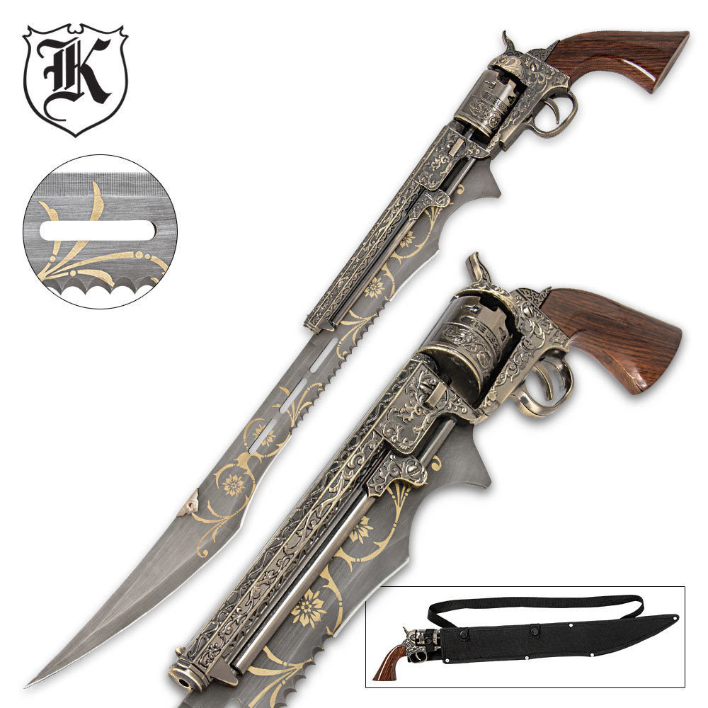 26" Steampunk Revolver Gun Fantasy Sword Knife Ninja Fantasy Metal w/ Sheath