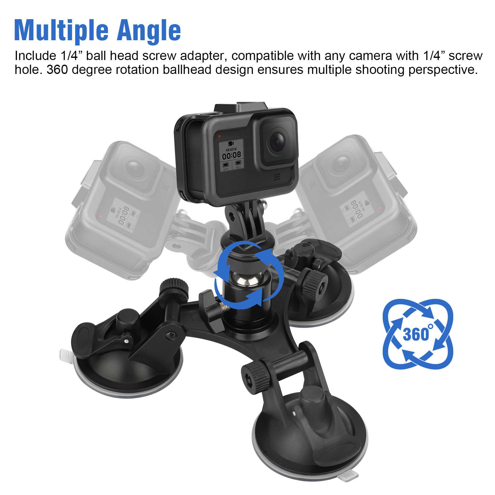 Car Mount Holder for GoPro Sony DJI OSMO Action Camera Triple Suction Cup Stand