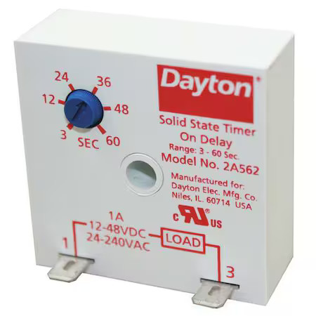 Dayton 2A562 Single Function Encapsulated Timing Relay, Square, On Delay, 1