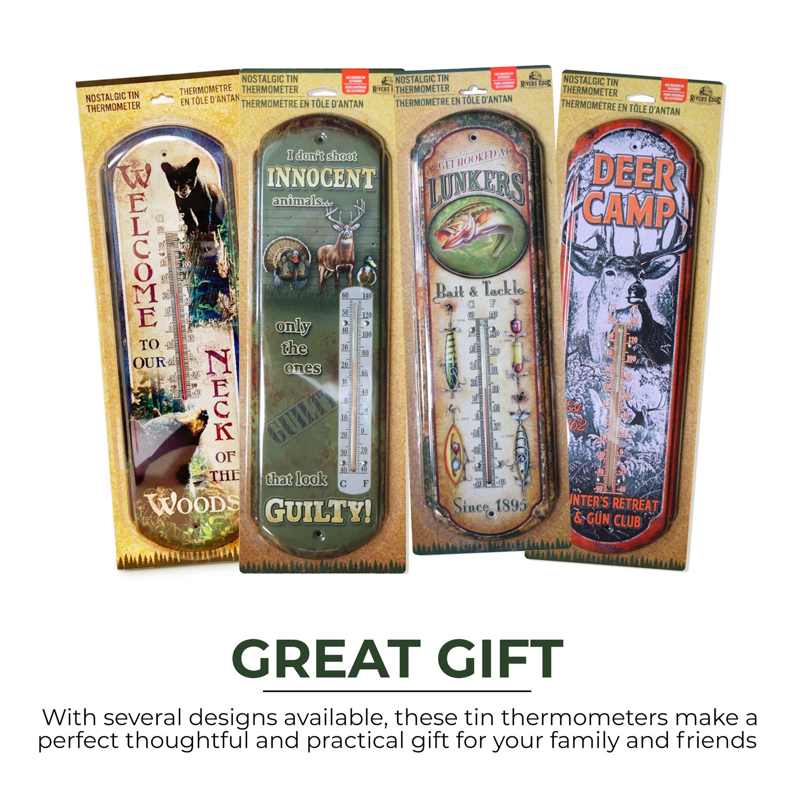 Rivers Edge Products Tin Thermometer, 17" x 5" Indoor or Outdoor Thermometer,