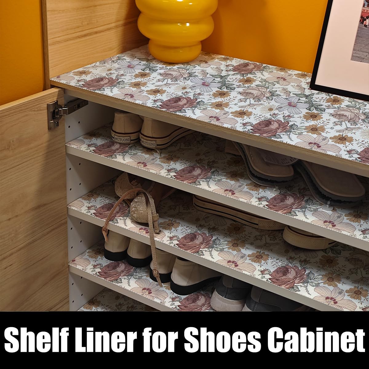 Floral Drawer Shelf Liners, Non Adhesive and Strong Non-Slip Cabinet Drawer S...