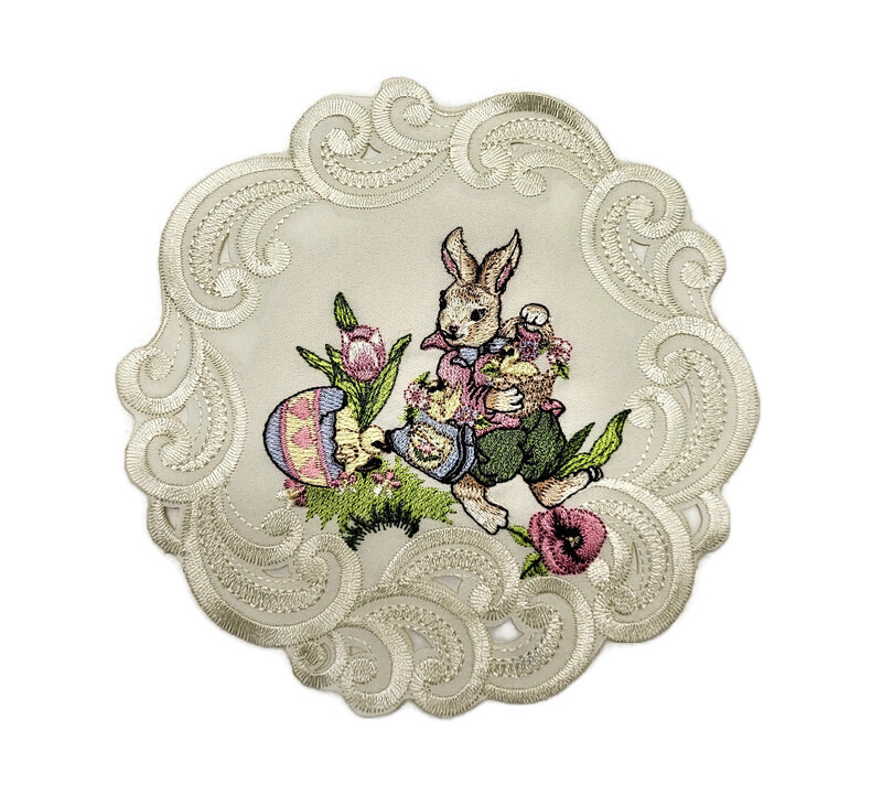 Doily Boutique Table Runner, Doily, Mantel Scarf with Easter Bunny on Ivory