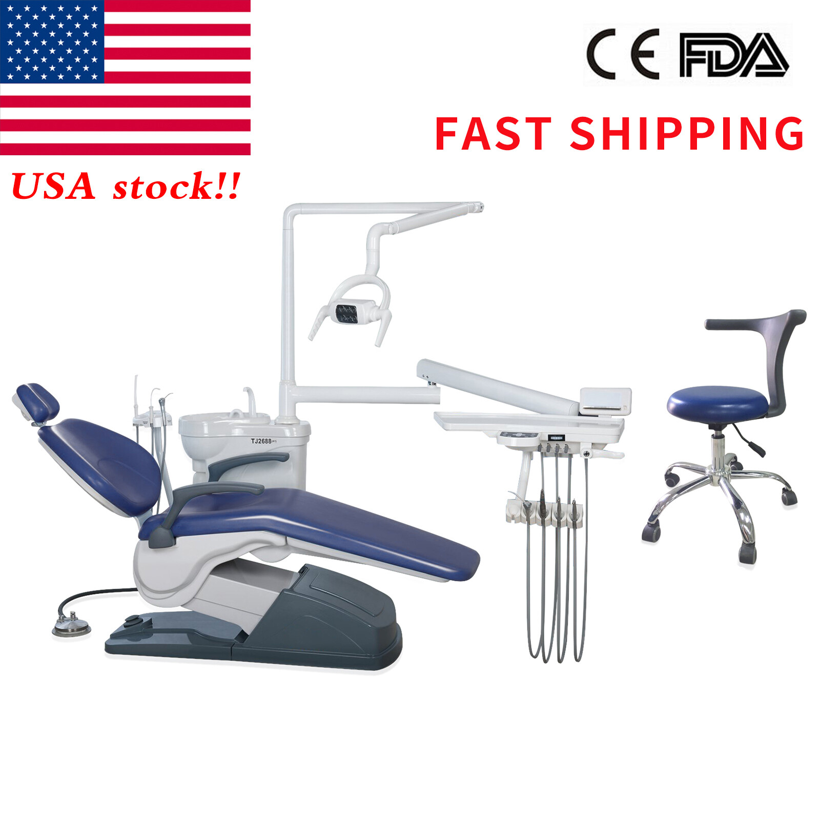ADJUSTABLE MEDICAL DENTAL CHAIR WITH STOOL COMBINATION BLUE Hard Leather