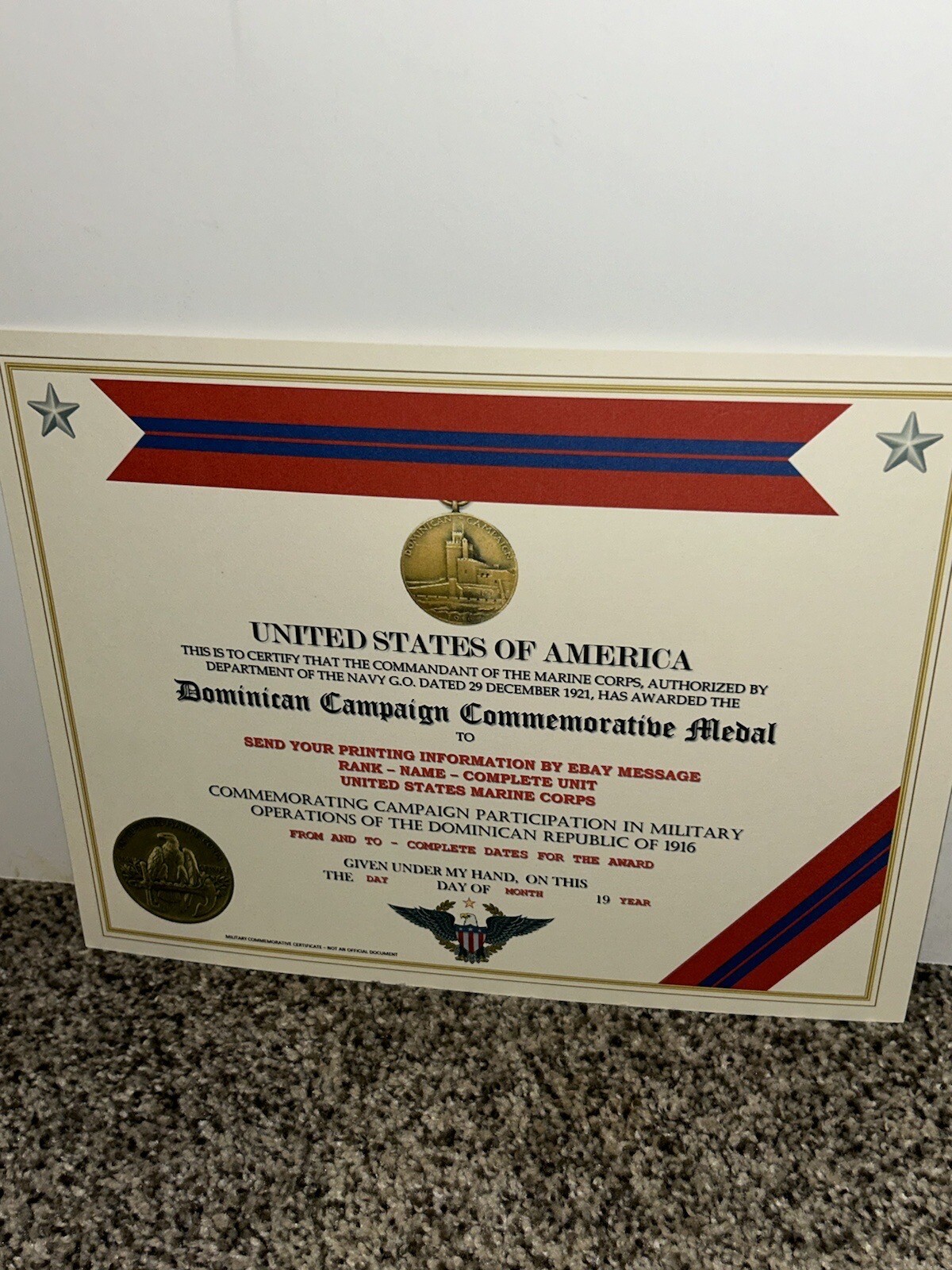 DOMINICAN CAMPAIGN (USMC) COMMEMORATIVE MEDAL CERTIFICATE ~ W/PRINTING TYPE-1
