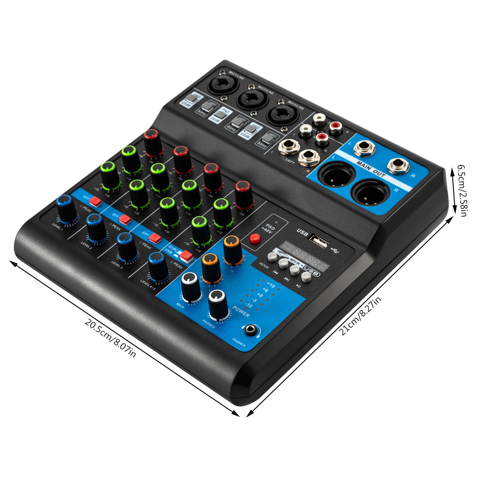 5-Channel Mixer with Bluetooth, USB, and Reverb for Live Audio Mixing