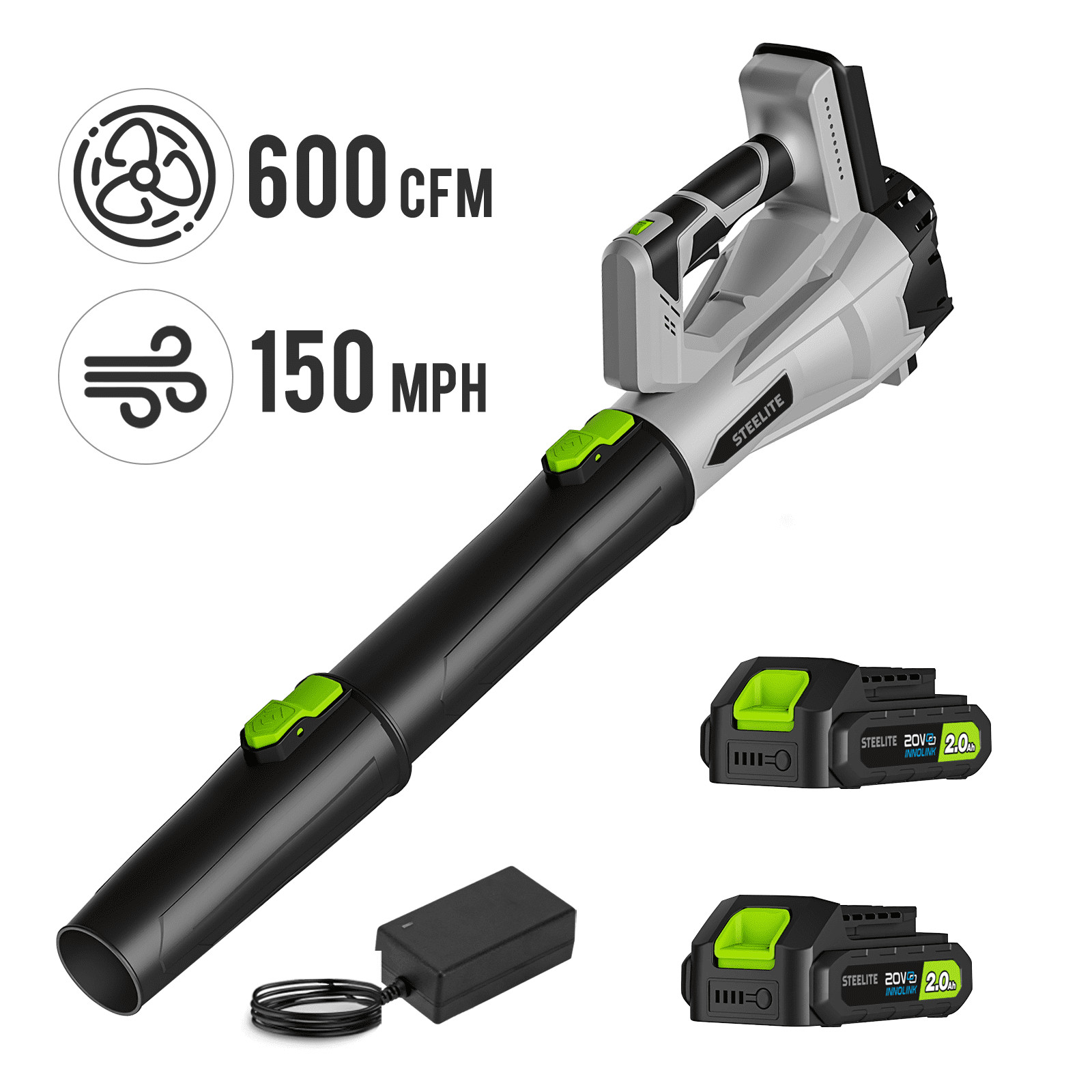 Steelite 20V Cordless Leaf Blower 600 CFM/150 MPH 6-speed with 2x2.0Ah Batteries