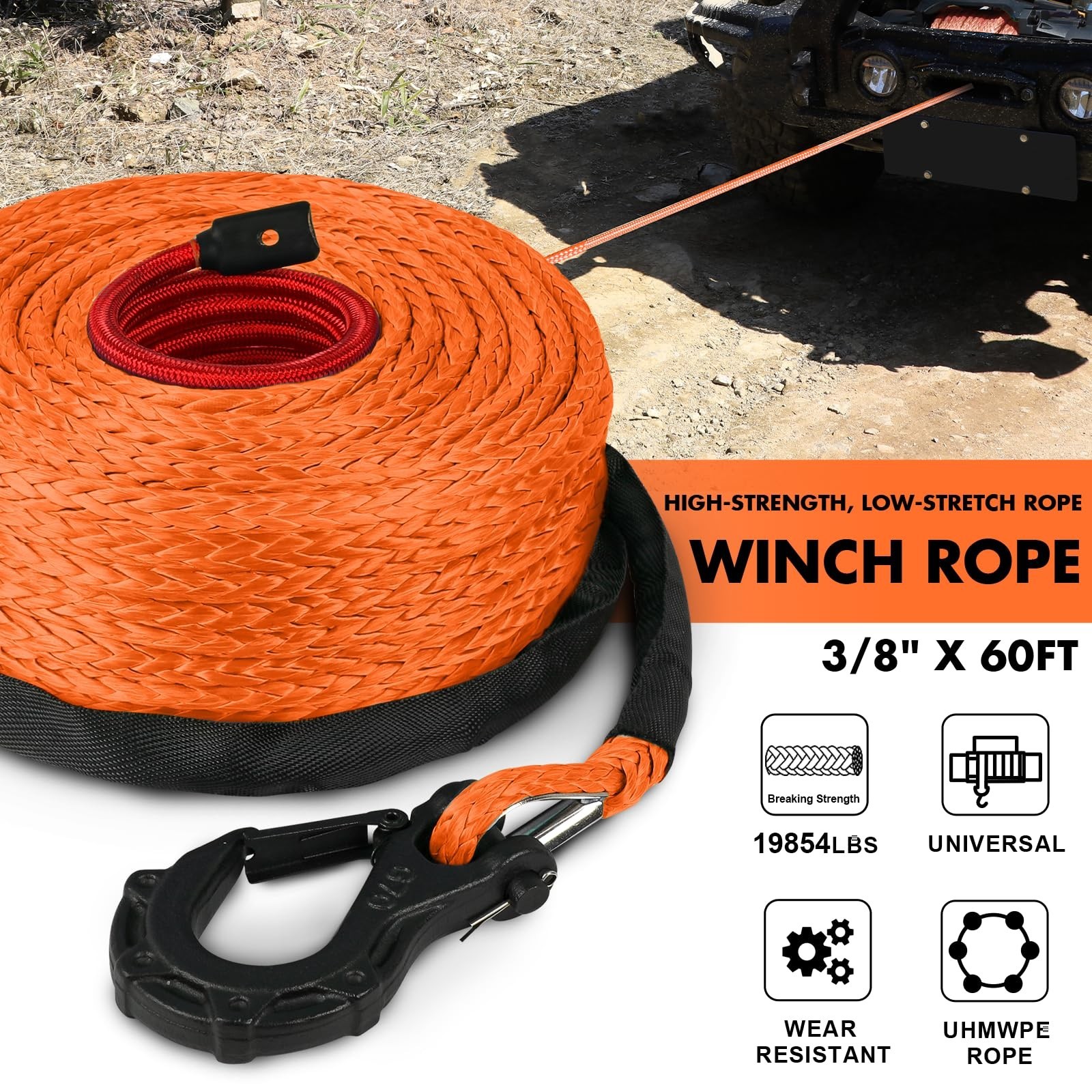 3/8" x 60ft Synthetic Winch Rope 19,854lbs Dyneema Winch Cable Line with Hook...