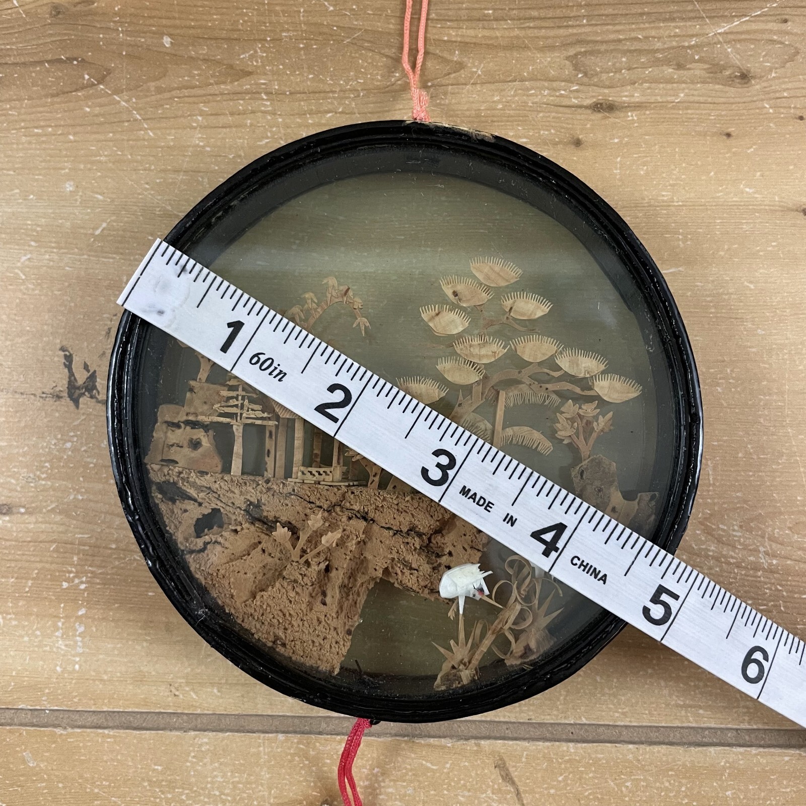 Vintage Chinese Cork Carving Wall Art Pagoda Crane Scene Round Framed Decor