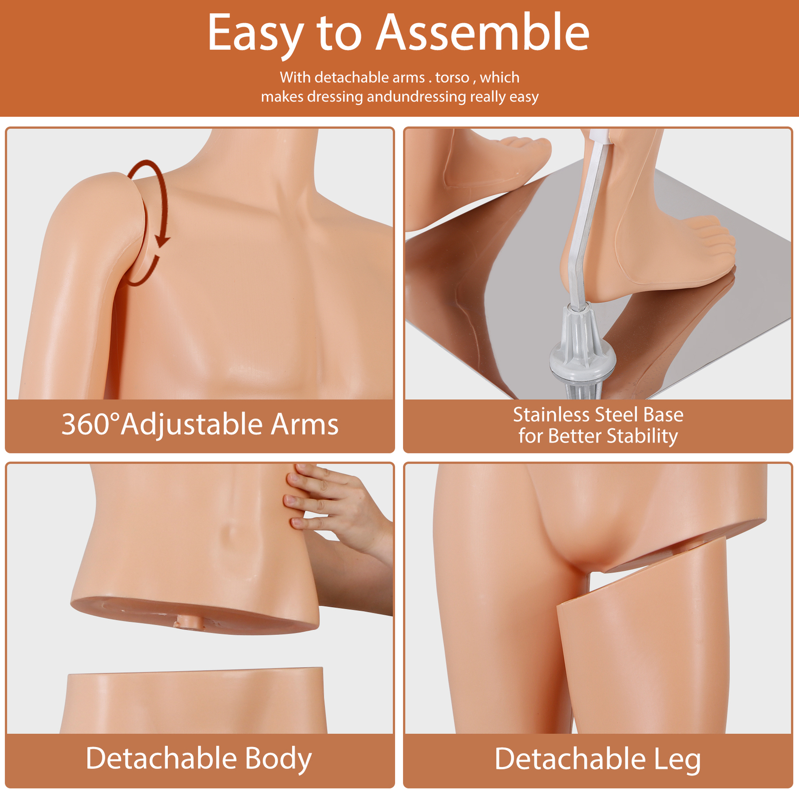 Adjustable Male Mannequin Egghead Plastic Full Body Dress Form Display Base 72"