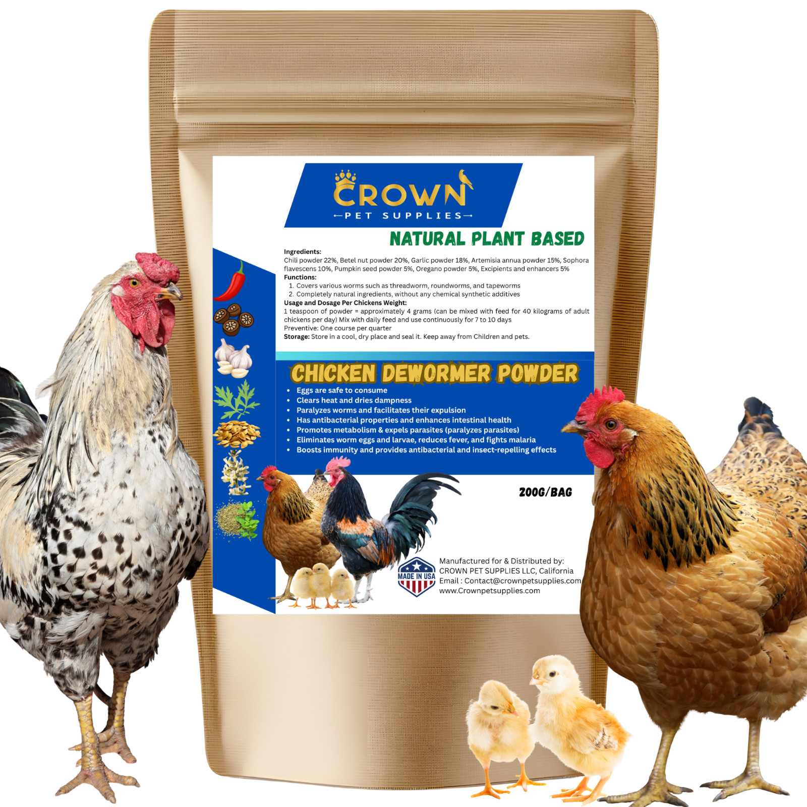 Chicken Poultry Dewormer Powder All Natural Plant Based Duck Birds 200g Bag