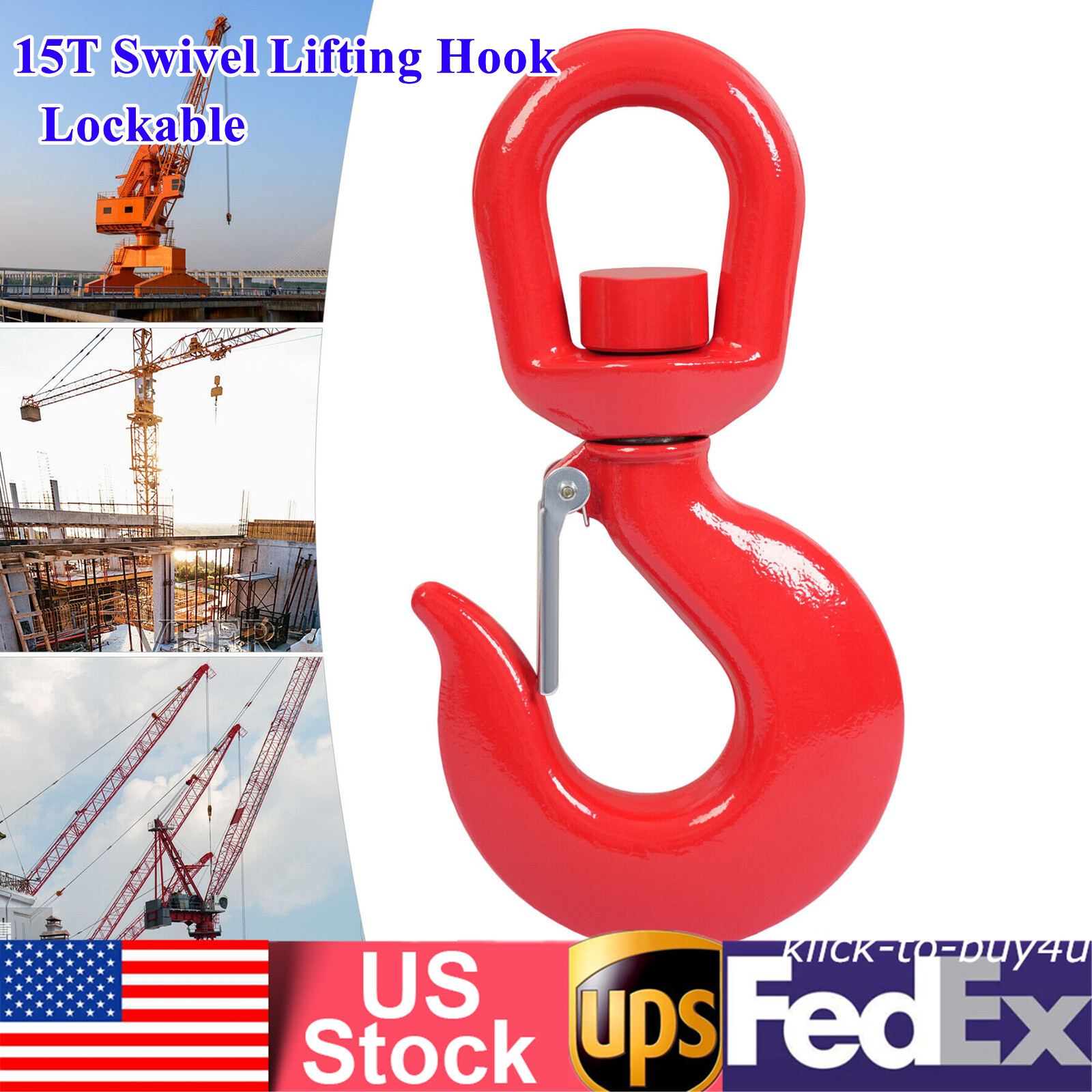 15 Ton Swivel Lifting Hook Heavy Duty Round Rotating Hook with Safety Latch