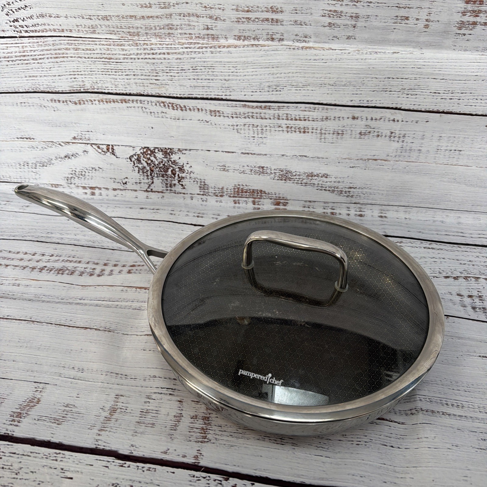 Pampered Chef 12" Stainless Steel Pan HEX Clad SKILLET w/ GLASS LID!