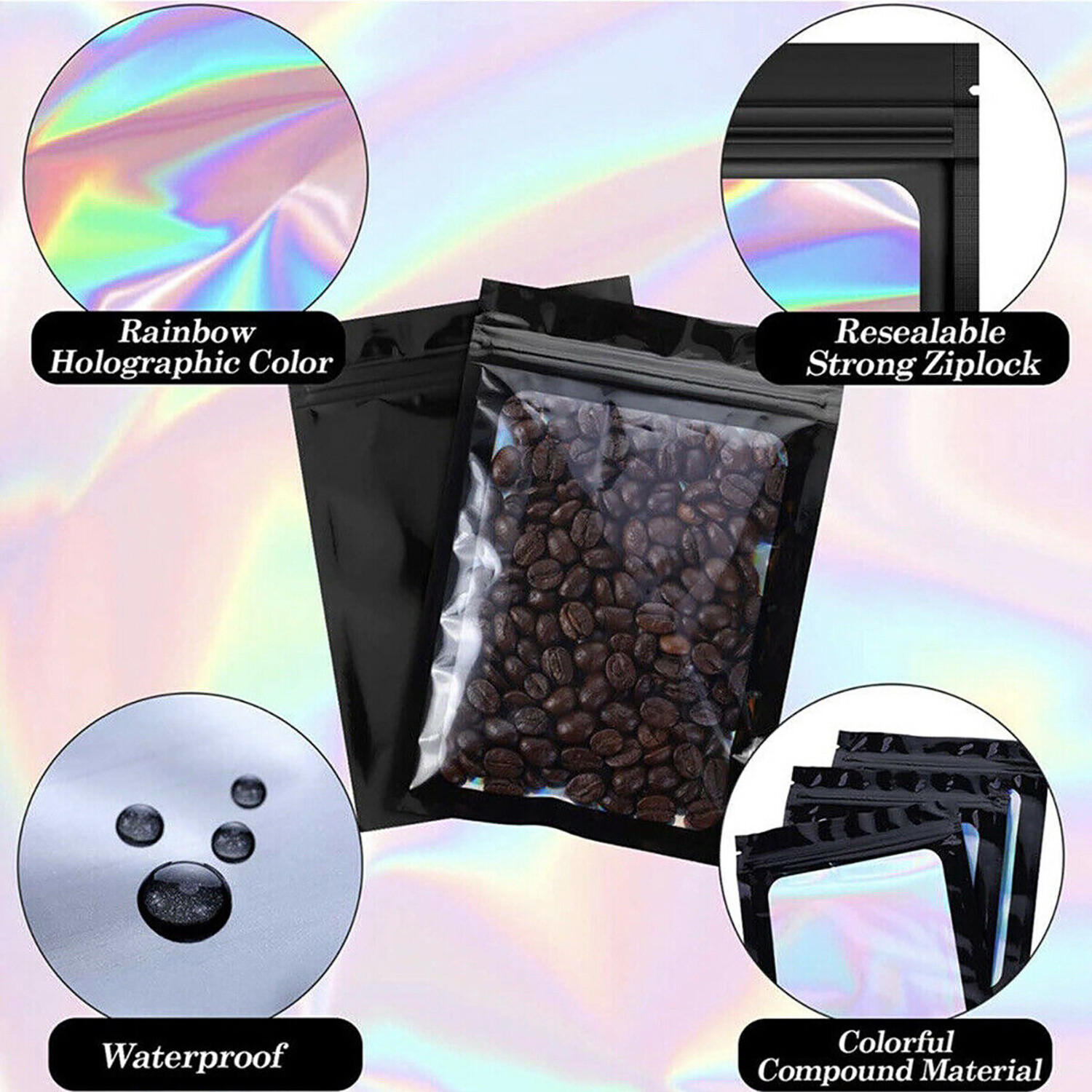 100/200Pcs Holographic Mylar Foil Bags Smell Proof Resealable Zip Seal Pouches