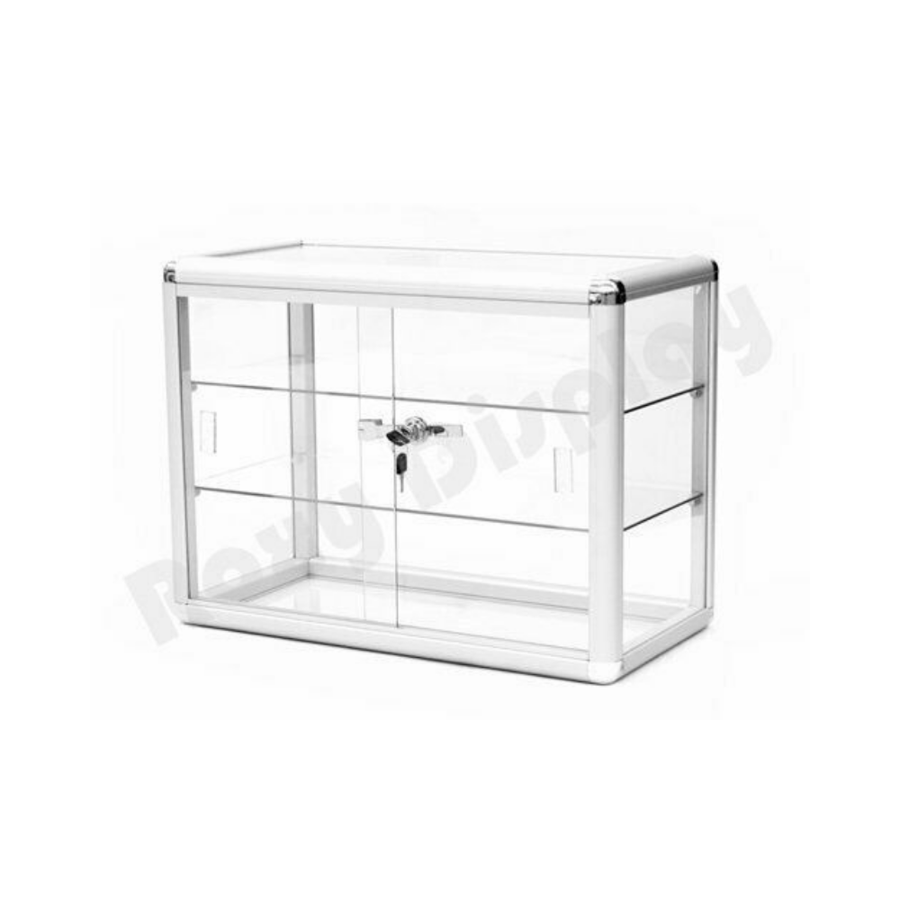 Aluminum Framed Tempered Glass Counter Top Display Case with Shelves and Lock