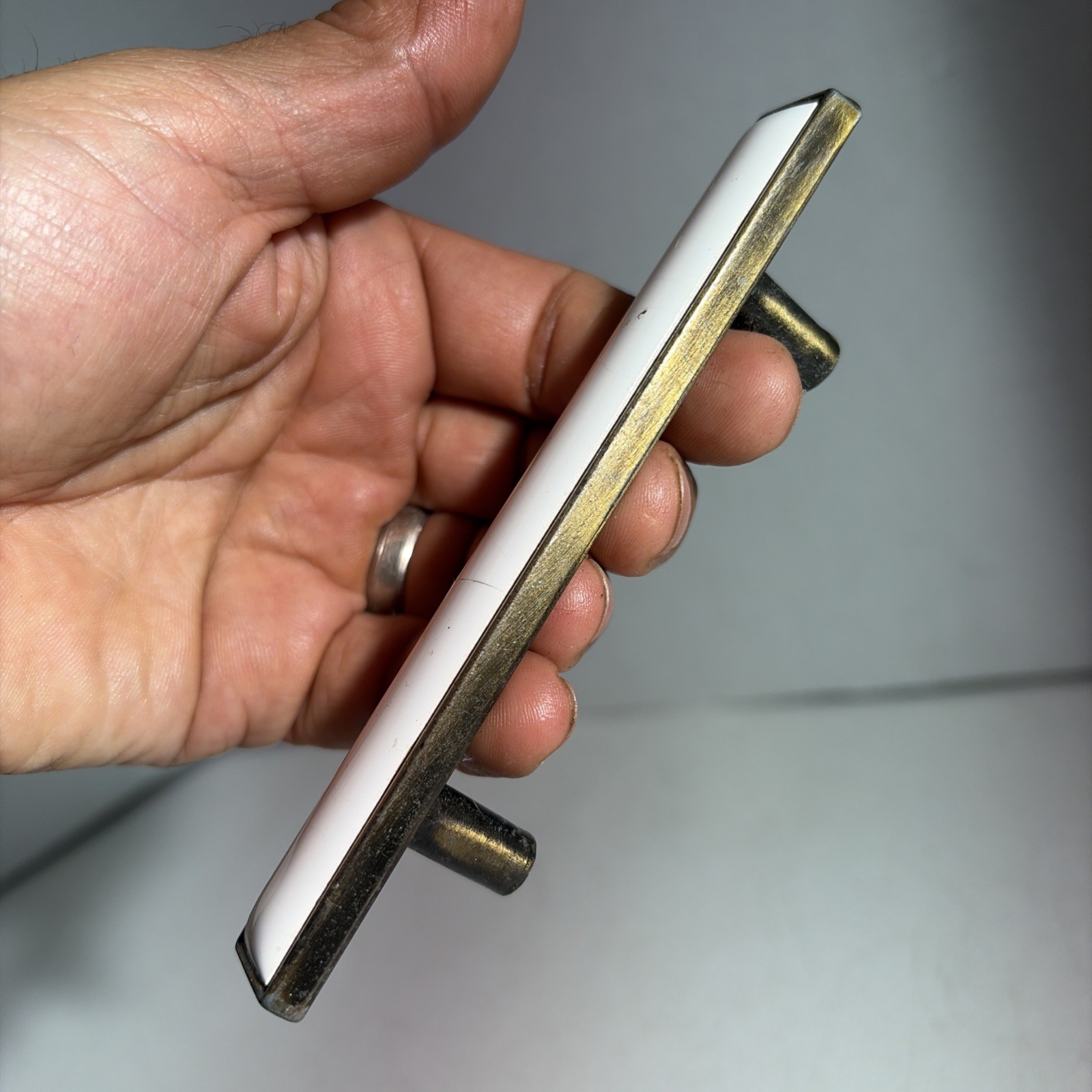 Vintage Single Mid Century Modern Gold Tone White Ceramic Drawer Pull Handle