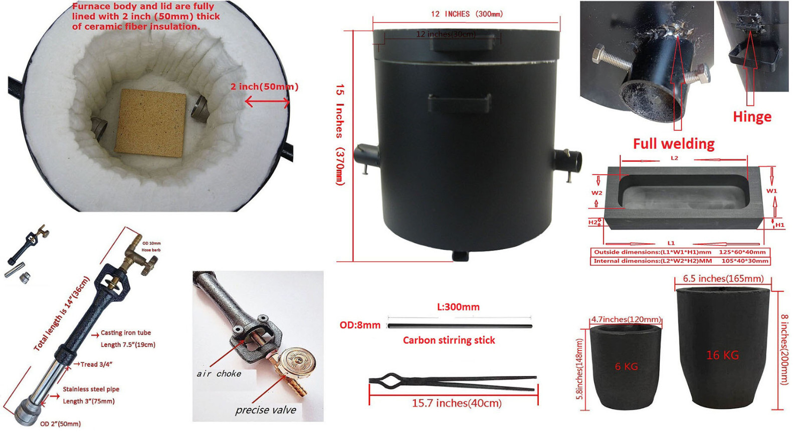 16 KG Metal Melting Furnace Dual Propane Burners with Crucible Tongs Foundry