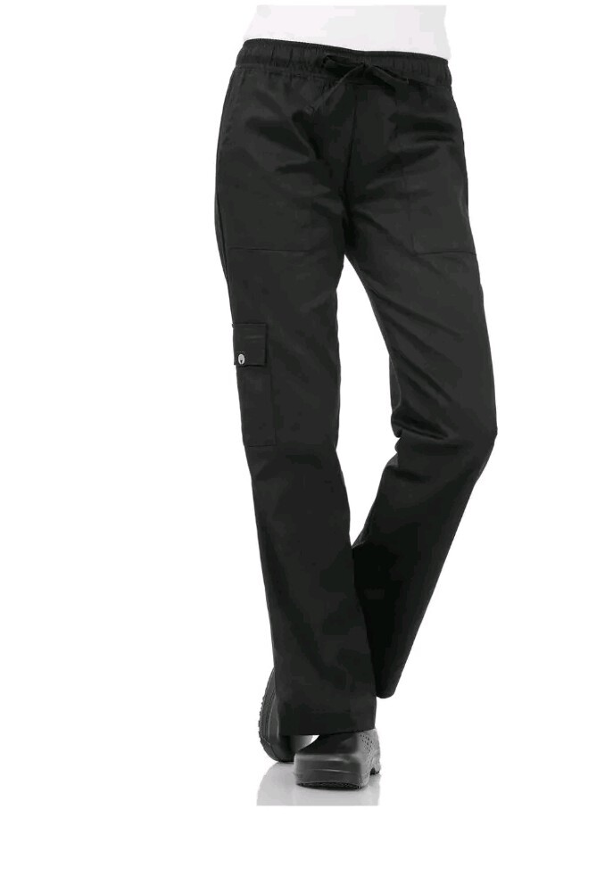 Chef Works Womens L Cargo Chef Pants Black Straight Leg Pull On CP-WO-BLK-L NWT