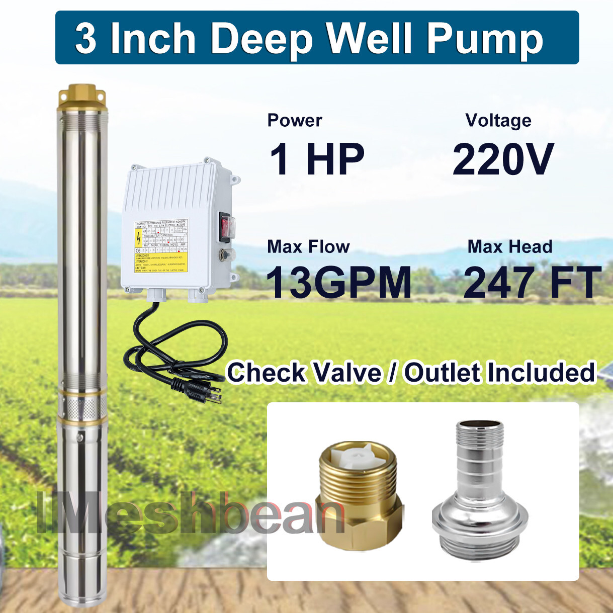 3'' OD 1HP Deep Well Submersible Pump 230V 13GPM 247ft Stainless Steel 100' Cord