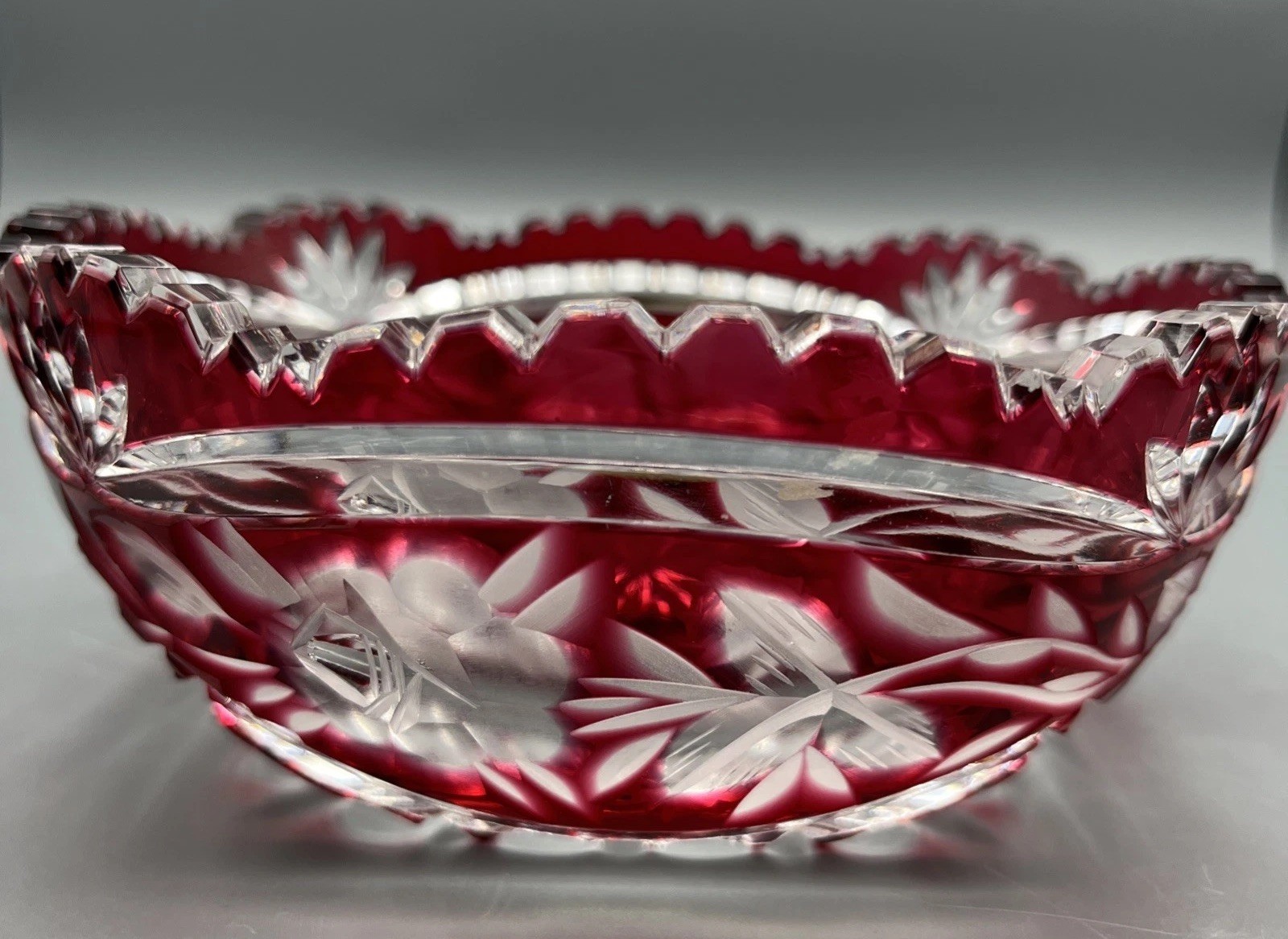 Vintage Ruby Red Cut to Clear Crystal Bowl Sawtooth Rim Etched Roses Starburst