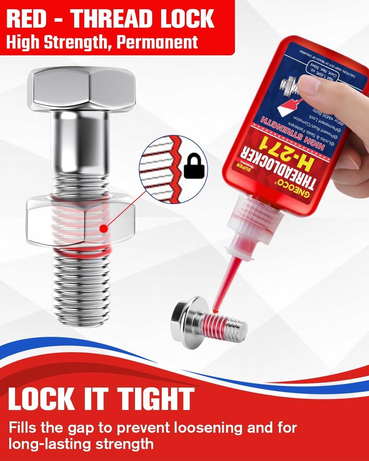Threadlocker Red, Thread Lock High Strength Lock Tight for Nuts, Bolts, Fastener