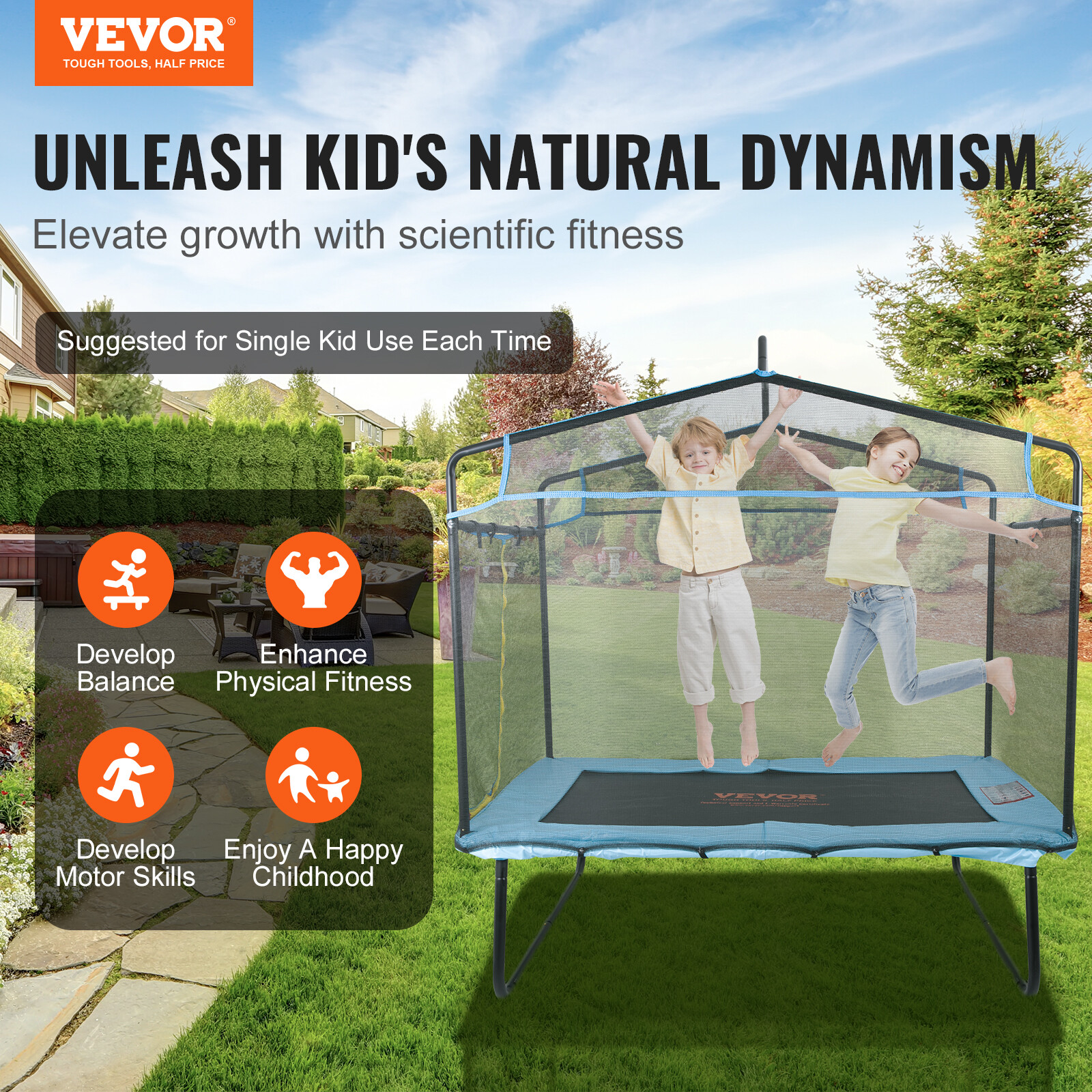 VEVOR 6FT Trampoline for Kids Toddlers with Enclosure Net Gymnastics Bar Hammock