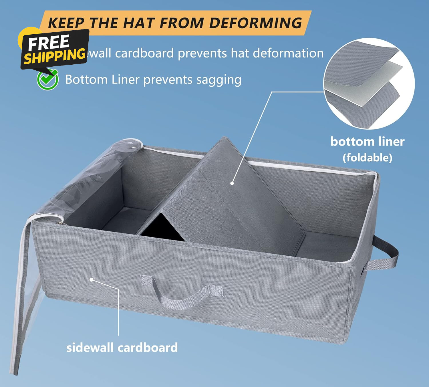 Large Hat Storage Box for Baseball Caps Holds up to 50 Caps Wide Organizer fGrey