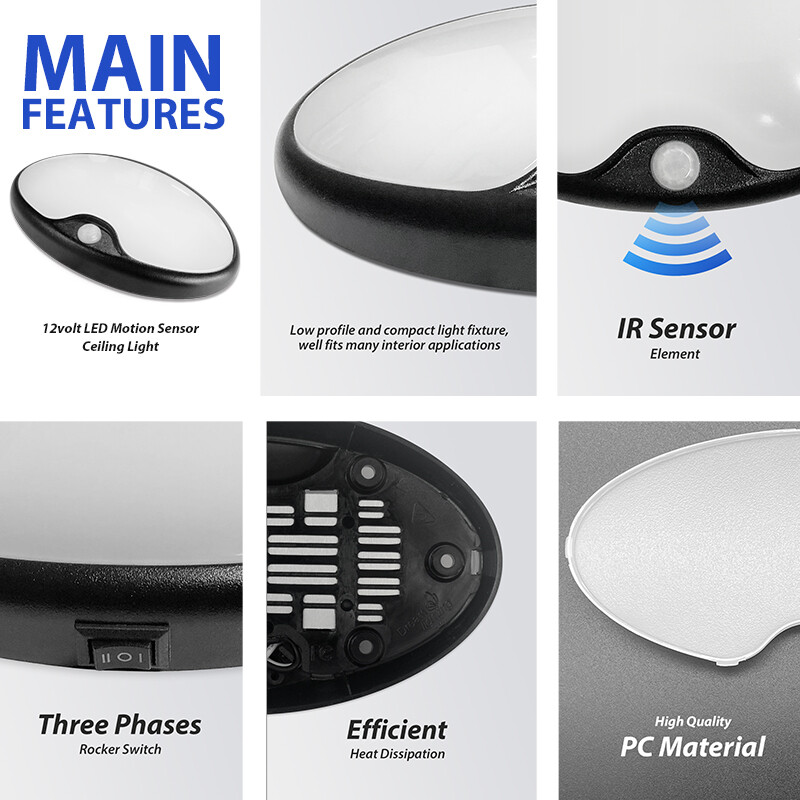 Black 12V LED Motion Sensor Light RV Boat Ceiling Down Light Fixture Switch UL