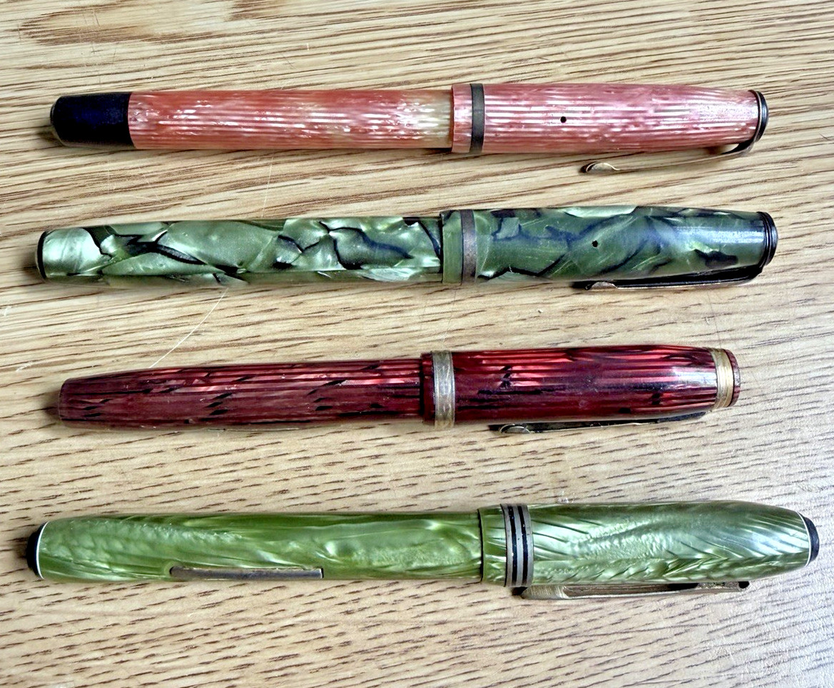 Lot Of 4 - Vintage Fountain Pens - Pink, Green, Burgundy Writing Instrument Pen