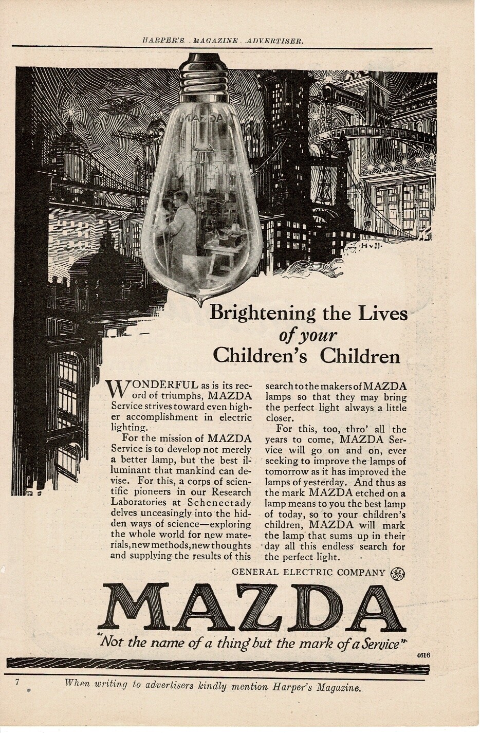 1915 MAZDA Light Bulbs cityscape scientist art antique print ad