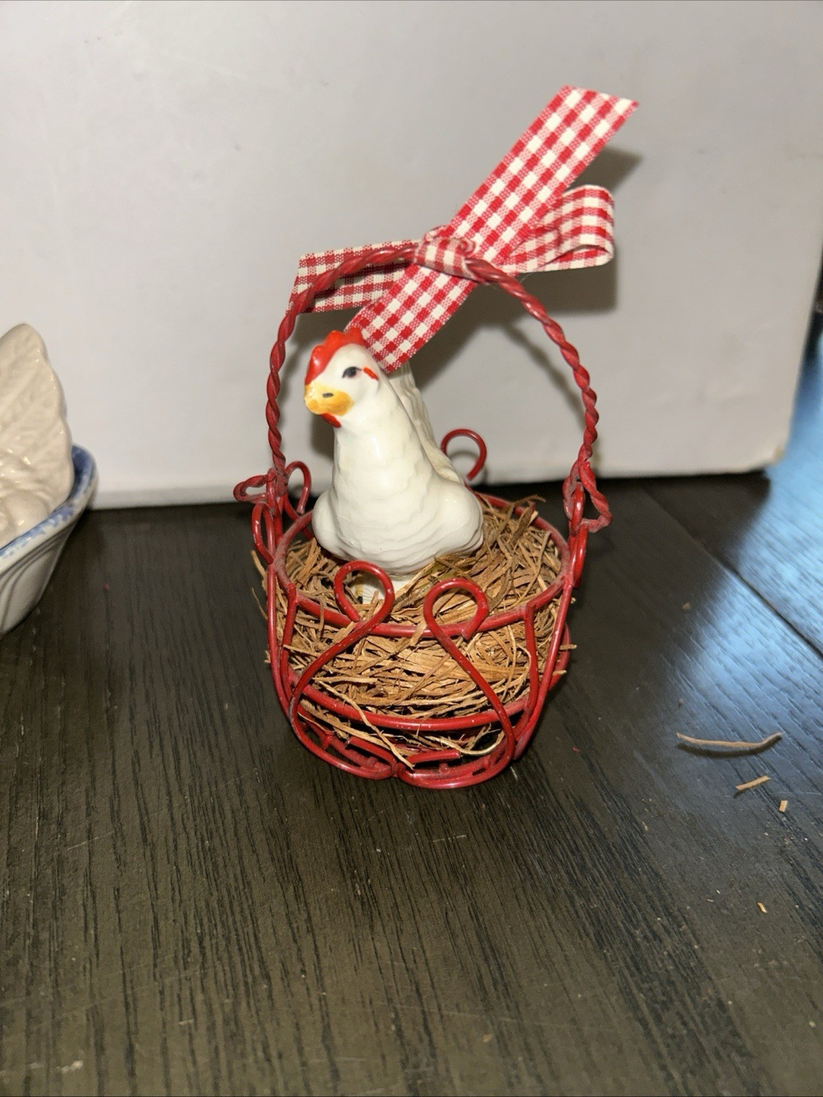 Vintage Gray And Blue Hen On A Nest•Porcelain Chicken On Nest In Wire Basket•EUC