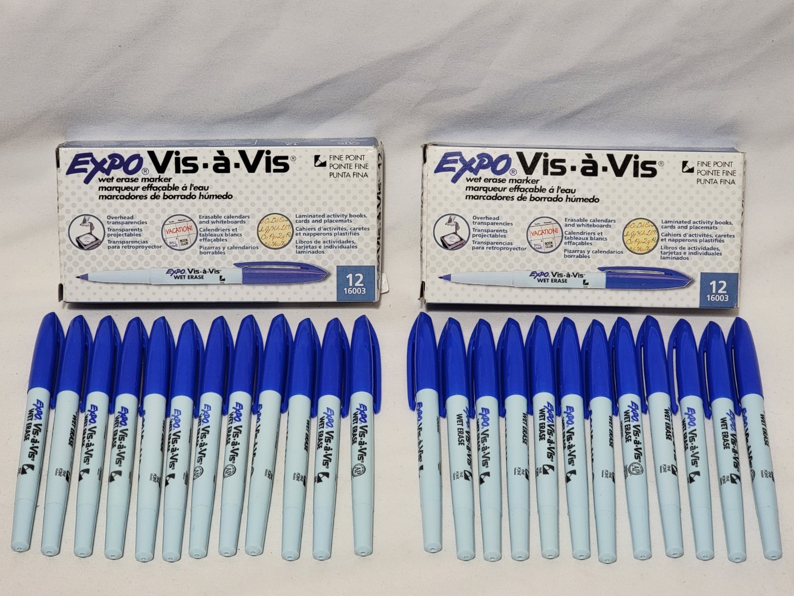 2 Boxes of Blue Expo Vis-a-Vis Wet Erase Markers 24 X Fine Point Pens # 16003