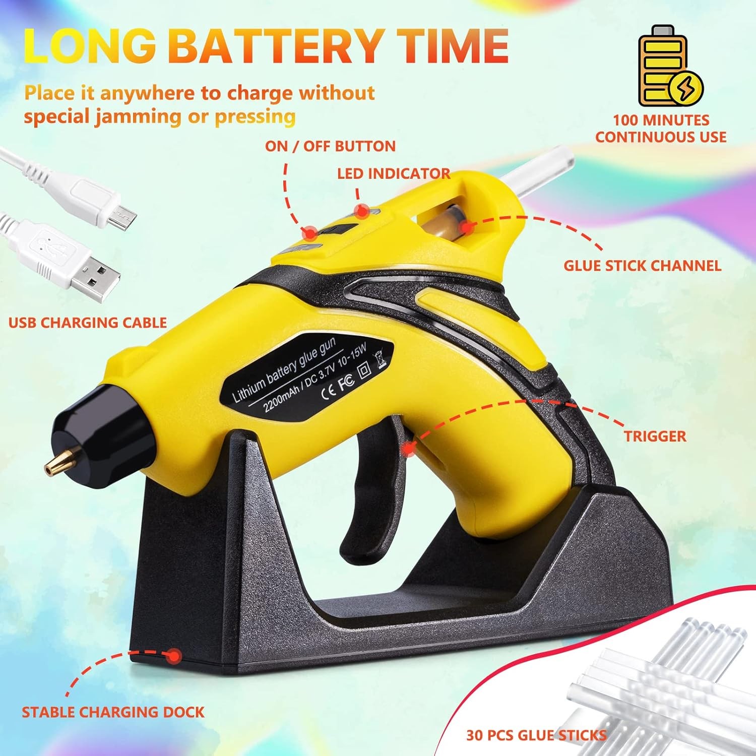 Rechargeable Cordless Fast Preheating Hot Glue Gun Kit with 30PCS Glue Sticks