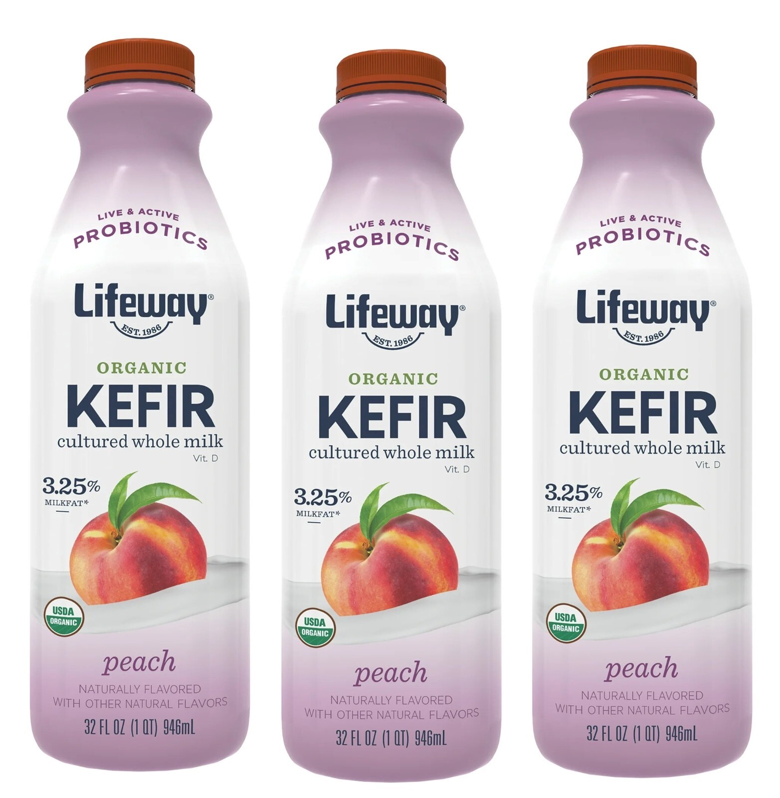 3 Pack Lifeway’s Organic Peach Kefir Lactose-Friendly Probiotic Drink Size 32 oz