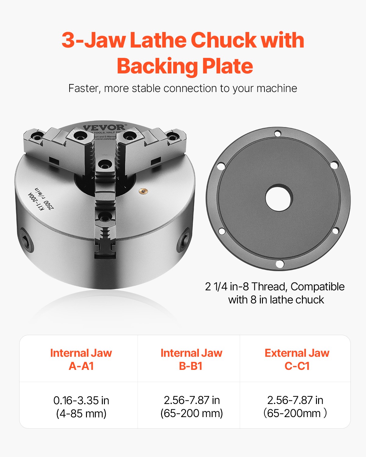 VEVOR 8 Inch 3-Jaw Self-Centering Lathe Chuck with 2 1/4 in-8 Threaded Backing
