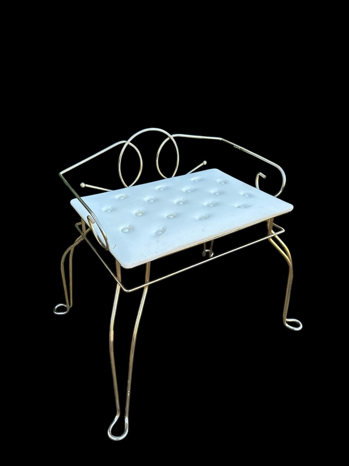 Vanity Bench White Tufted Seat Gold Metal Pearl Wick Vintage Stool