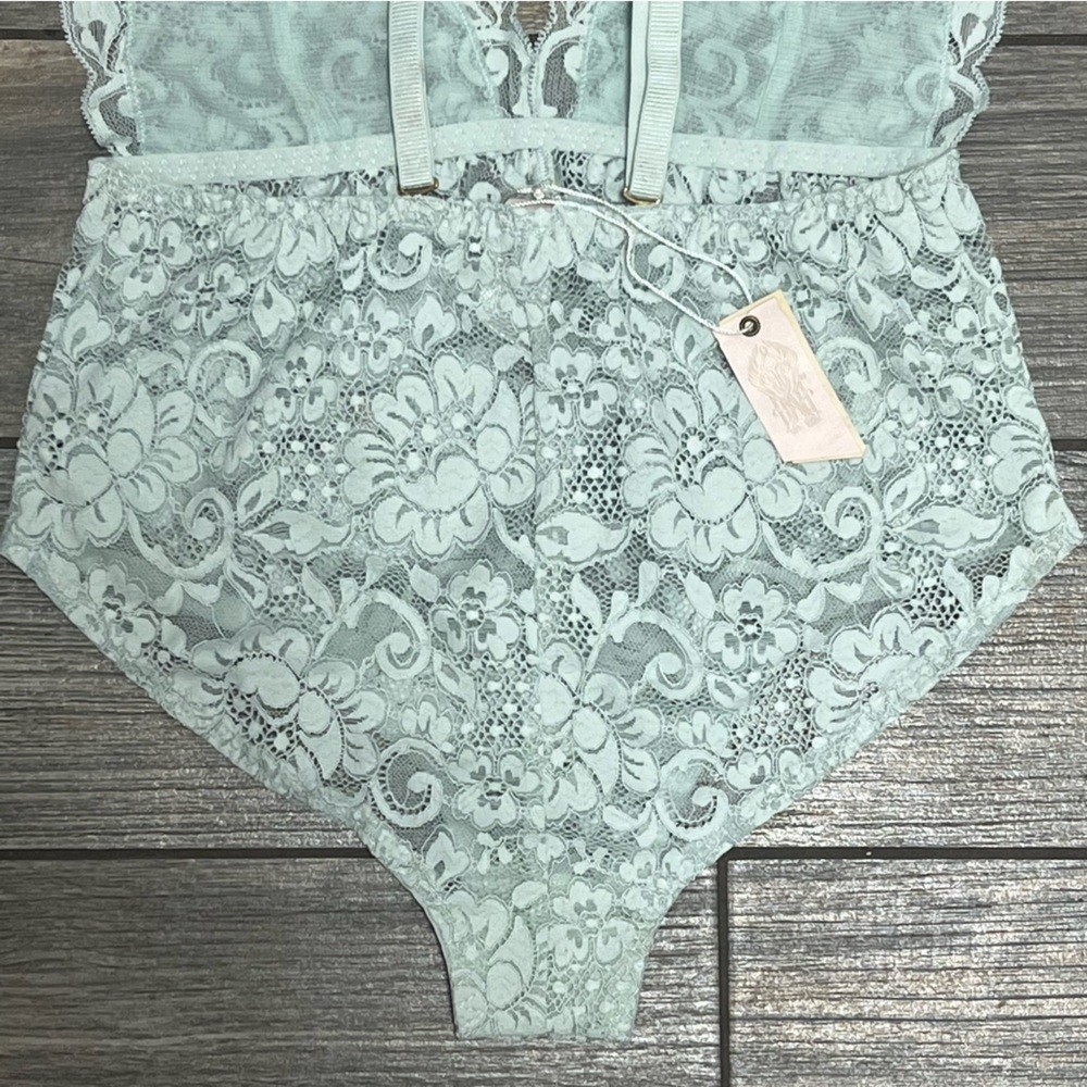 NWT Free People X HAH Comin in Haht Lace Bodysuit lingerie Top XS Something Blue