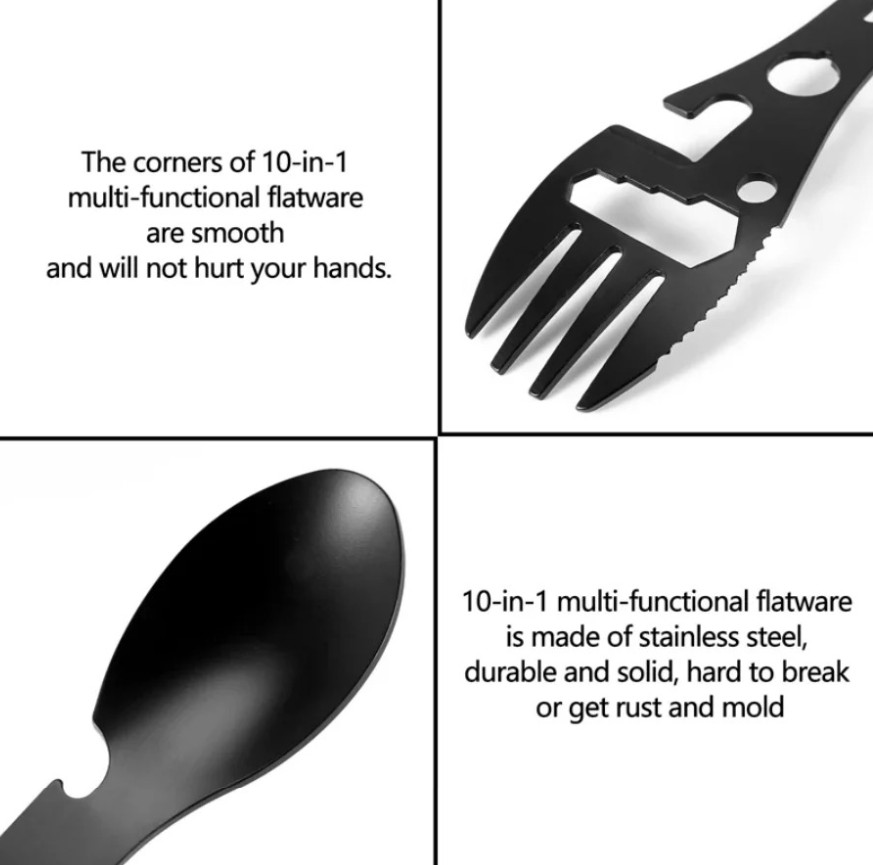 1pc Multifunction Camping Fork Spoon Bottle Opener Survival Tool Black - NEW