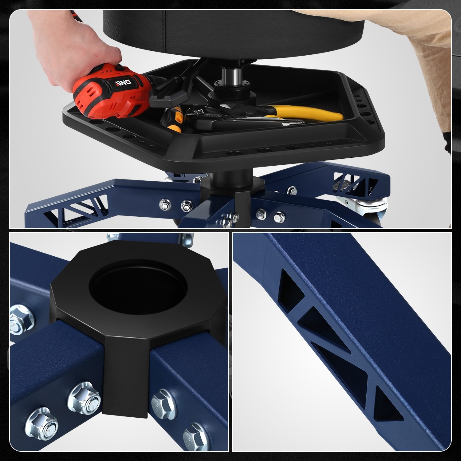 Heavy Duty Swivel Mechanics Rolling Seat Garage Stool Work Shop w/Tool Tray Blue