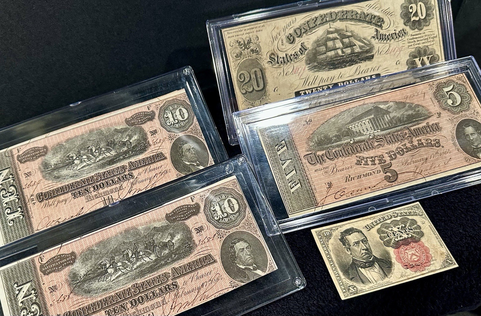 FIVE (5) Piece Confederate Currency Lot- $10 $5 $20 Notes & 10C Fractional Note