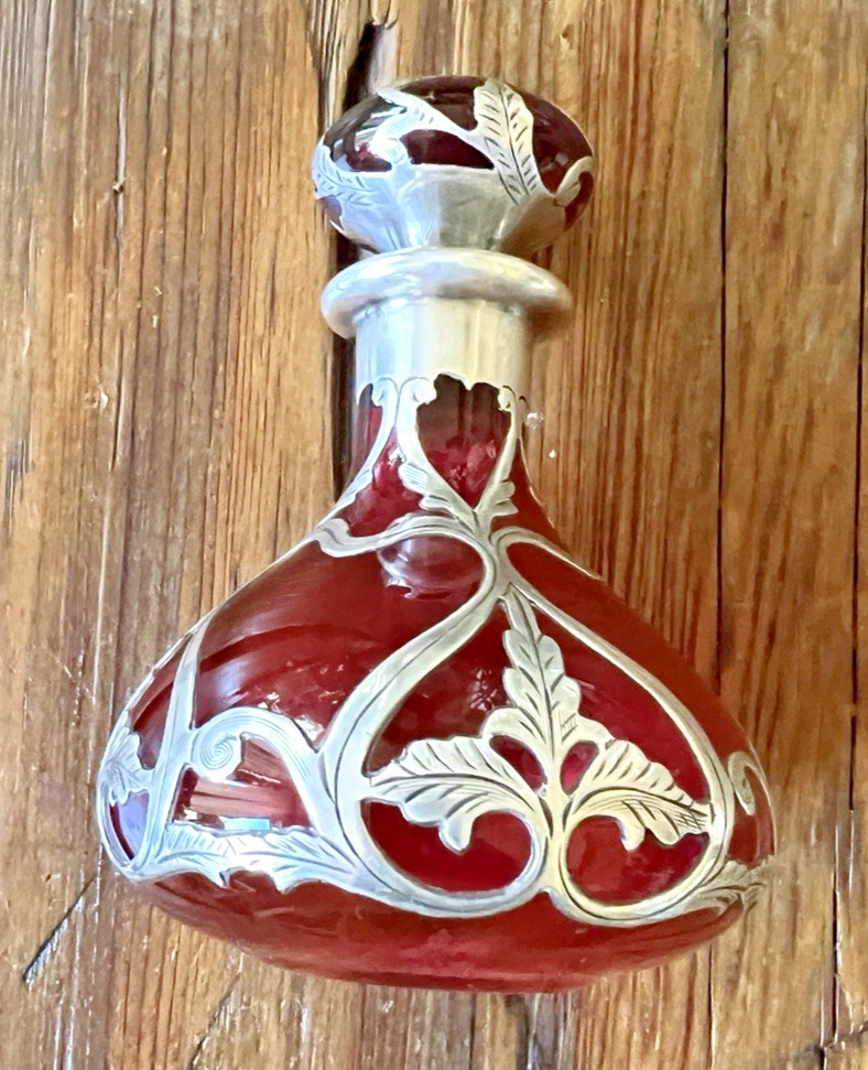 Gorham Perfume D952 Antique Art Nouveau Bottle American Red Glass Silver Overlay