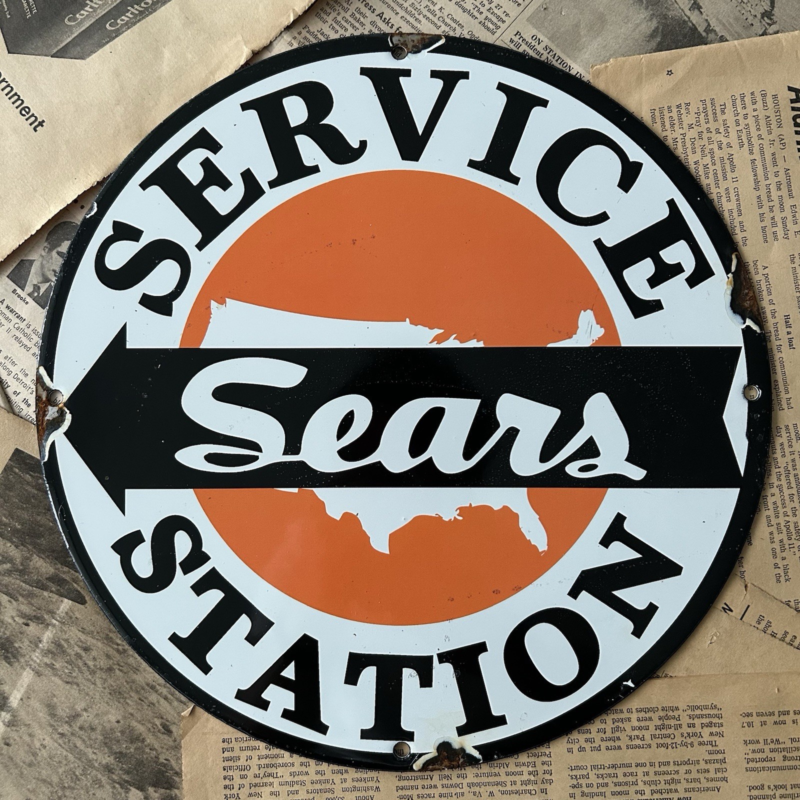 VINTAGE SEARS SERVICE STATION AUTO DEALER GAS OIL 12 INCH PORCELAIN ENAMEL SIGN
