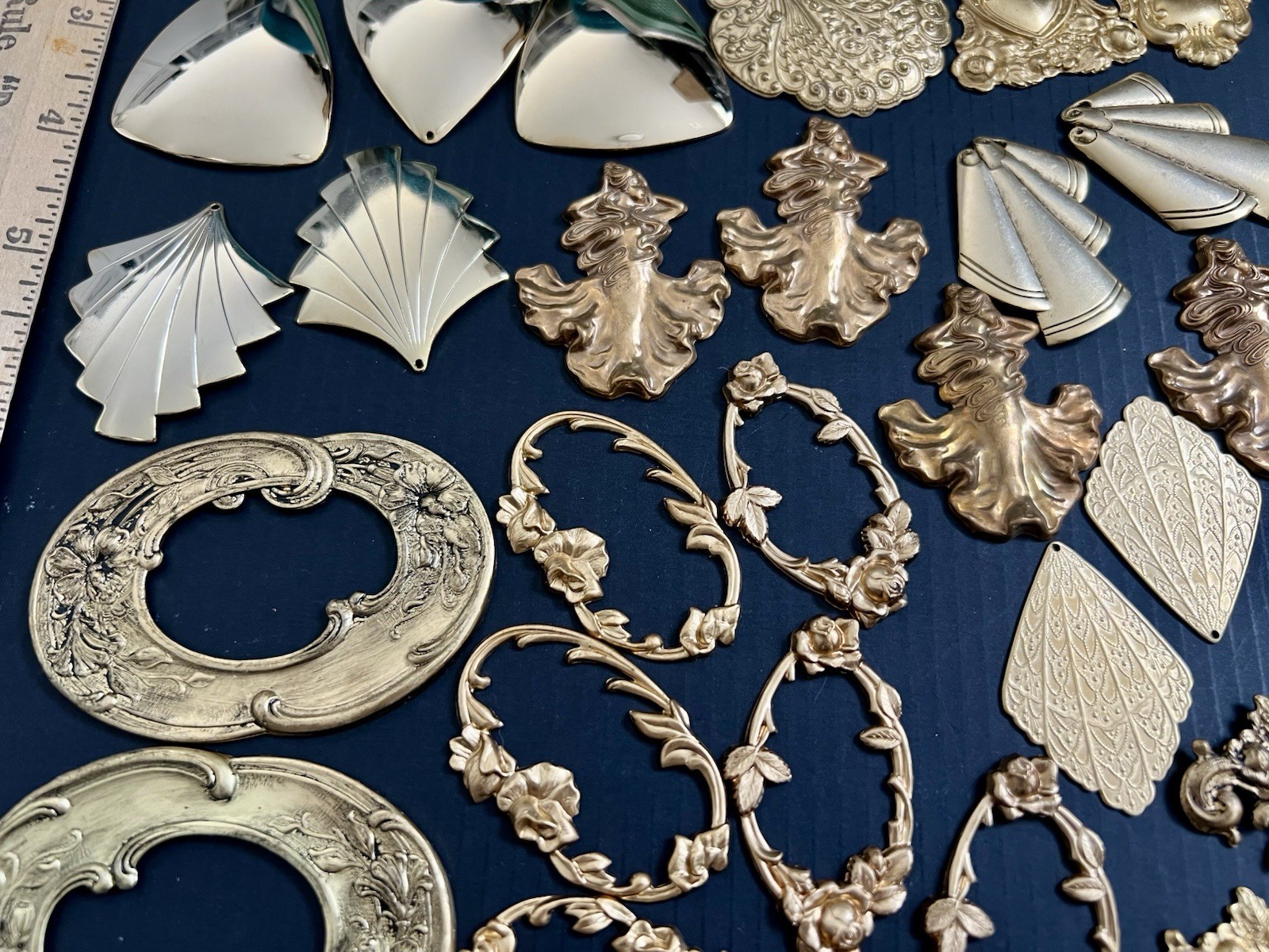 1 Lb + Vtg & New Metal Stampings Brass Gold Frames Settings Pendant Findings Lot