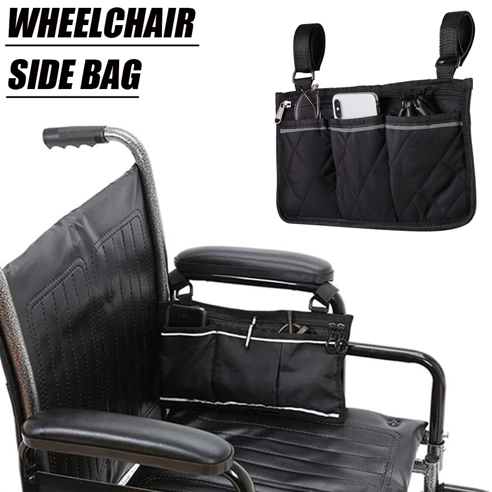 Wheelchair Side Bag Hang on Side Armrest Accessories Storage Pouch w/ Cup Holder