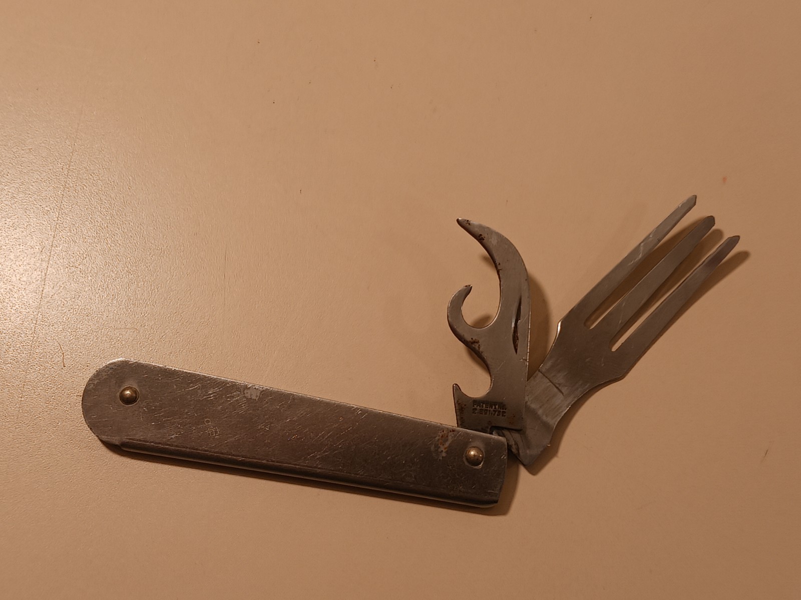 Vintage Imperial USA Folding Fork Can Opener Tool 1945 Patent 2391732 Mess Kit